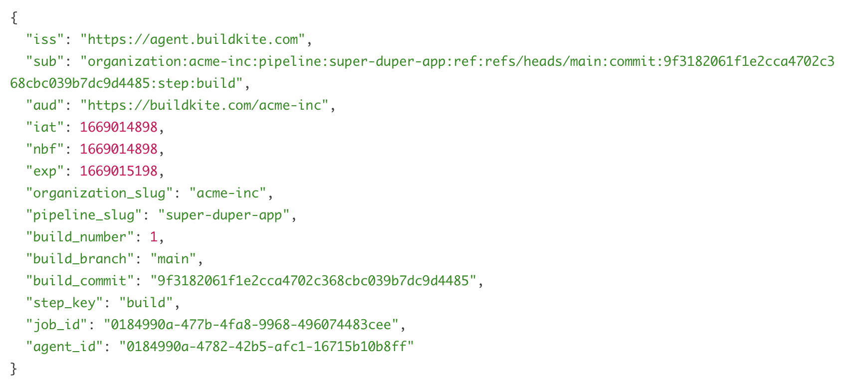 Decoded payload of an OIDC token including many JSON attributes