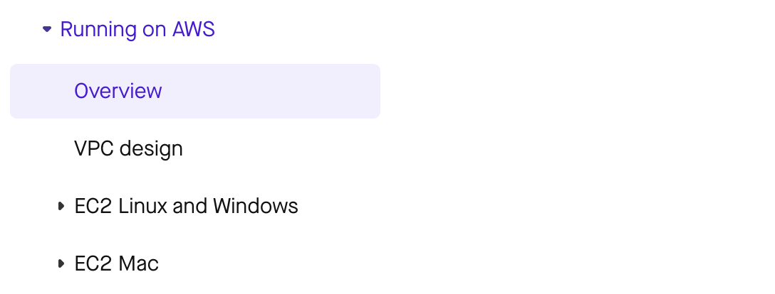 The new navigation structure for the Elastic CI Stack for AWS section in the docs