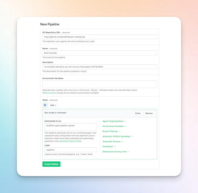 New Pipeline form, with default values to be used.