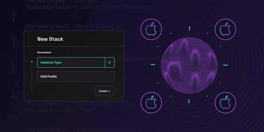 New Stack dialog next to an abstract illustration of a cluster of EC2 Mac machines
