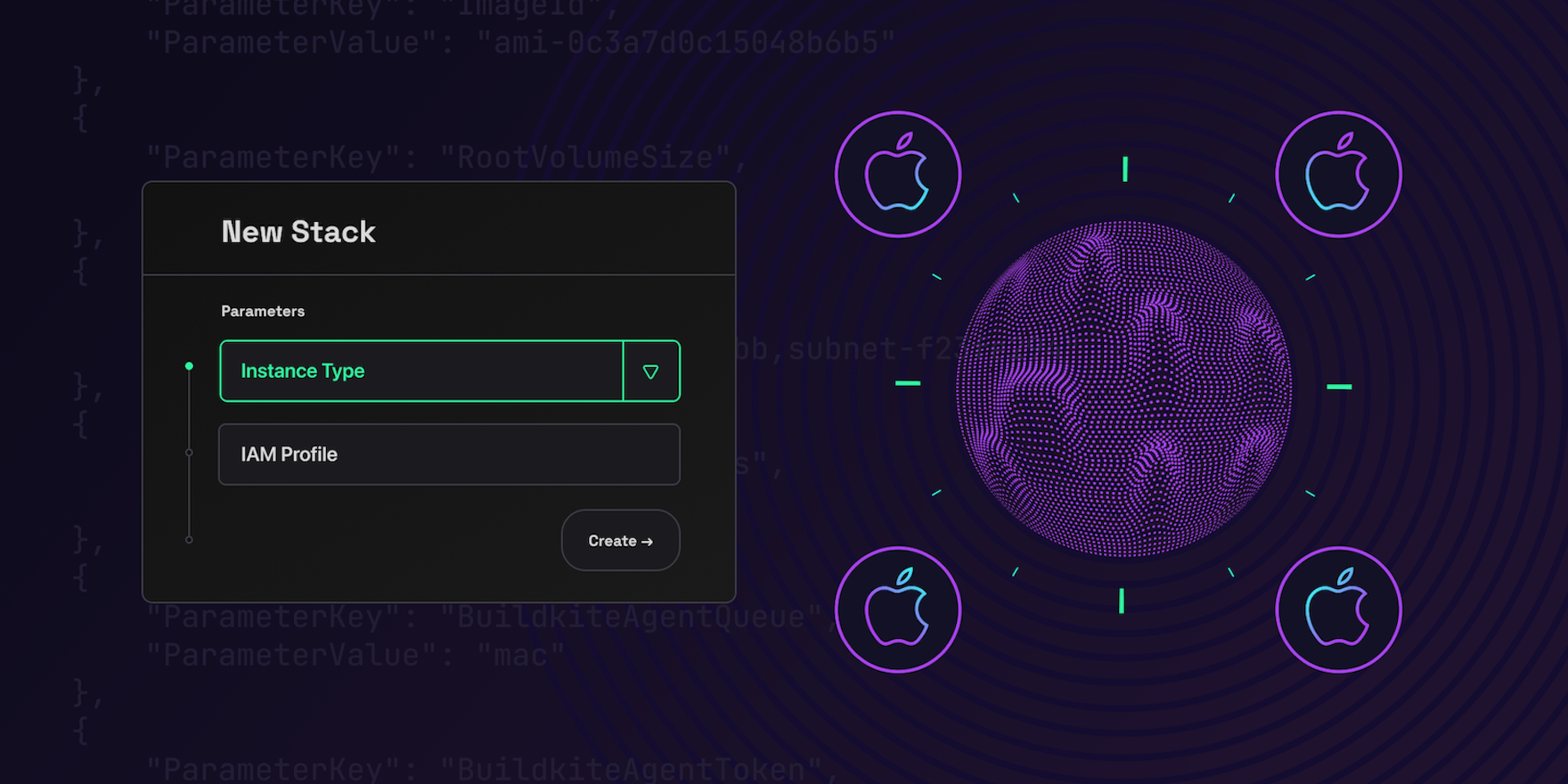 New Stack dialog next to an abstract illustration of a cluster of EC2 Mac machines