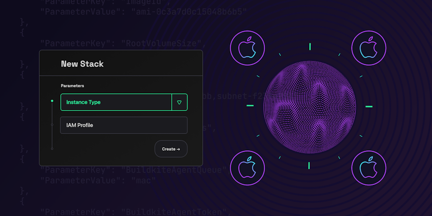 New Stack dialog next to an abstract illustration of a cluster of EC2 Mac machines