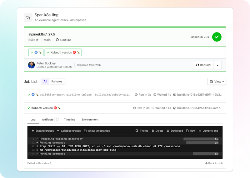 A successful run of the k8s pipeline shown in the Buildkite UI