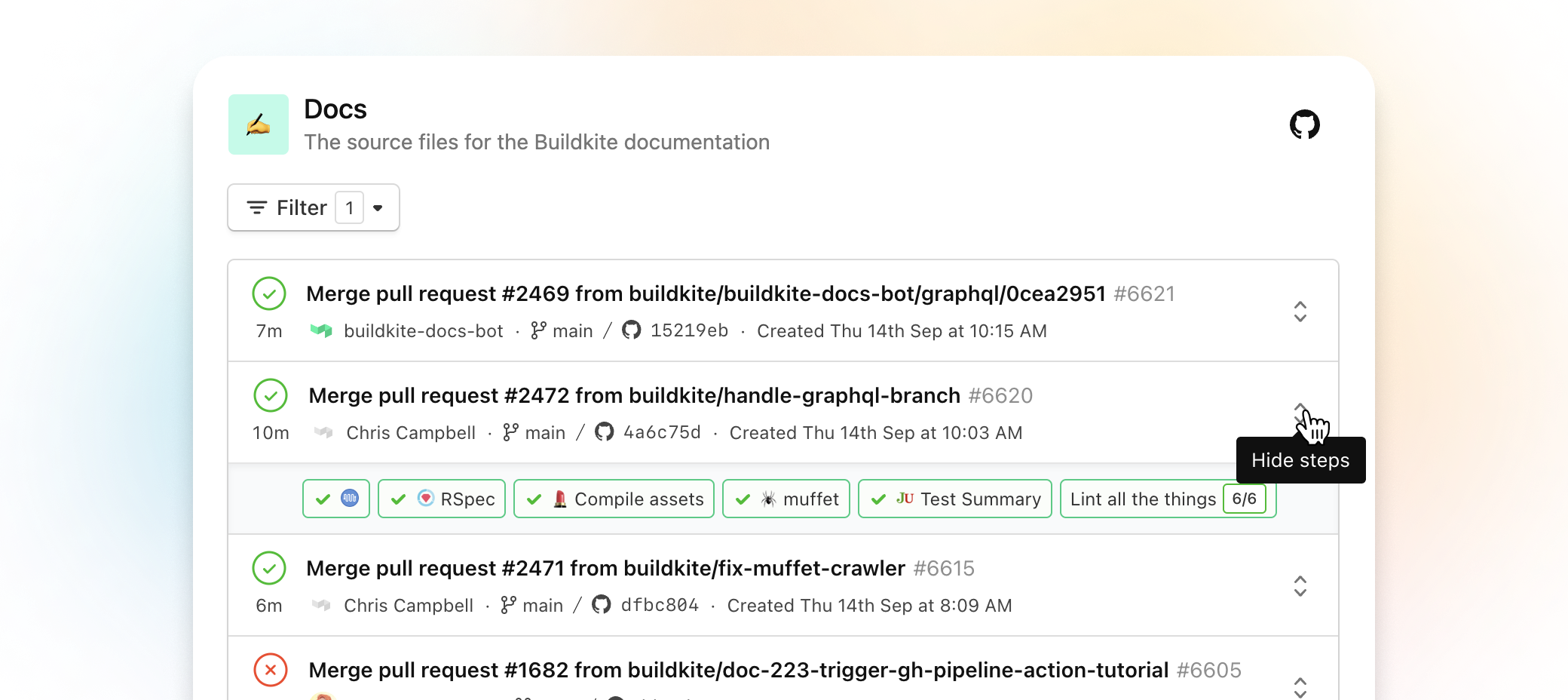 Expand builds in the dashboard to see job statuses inline.