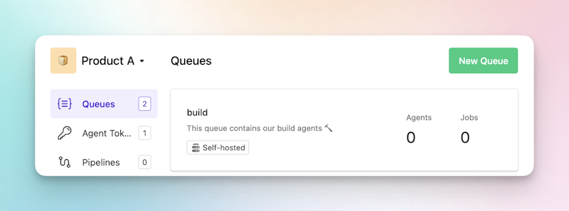 Product A selected, with the 'build' queue shown. This queue's description is that it "contains our build agents"