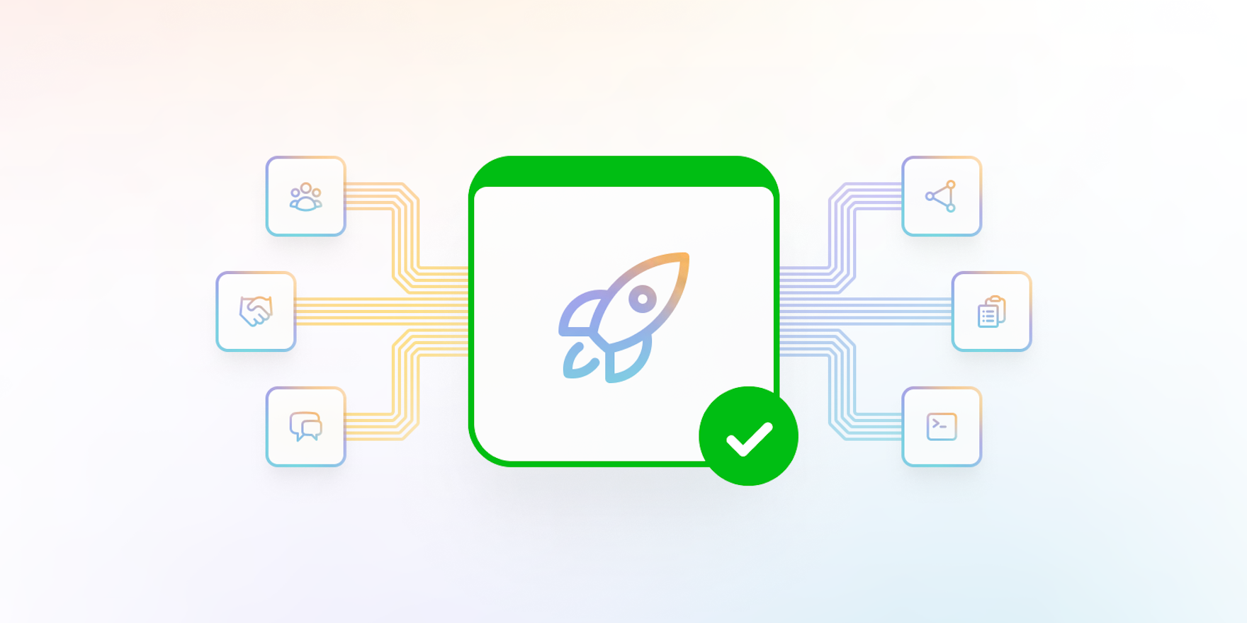 Set of elements including people, handshake, checklists, and code, all leading into an element with a rocket ship and a 'success' check mark.