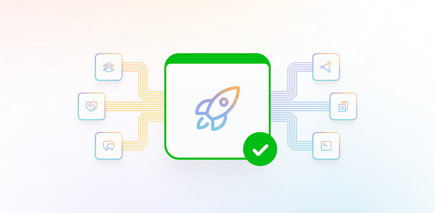 Set of elements including people, handshake, checklists, and code, all leading into an element with a rocket ship and a 'success' check mark.