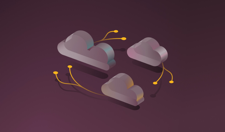 Three 3D rendered clouds connected in a stylized network