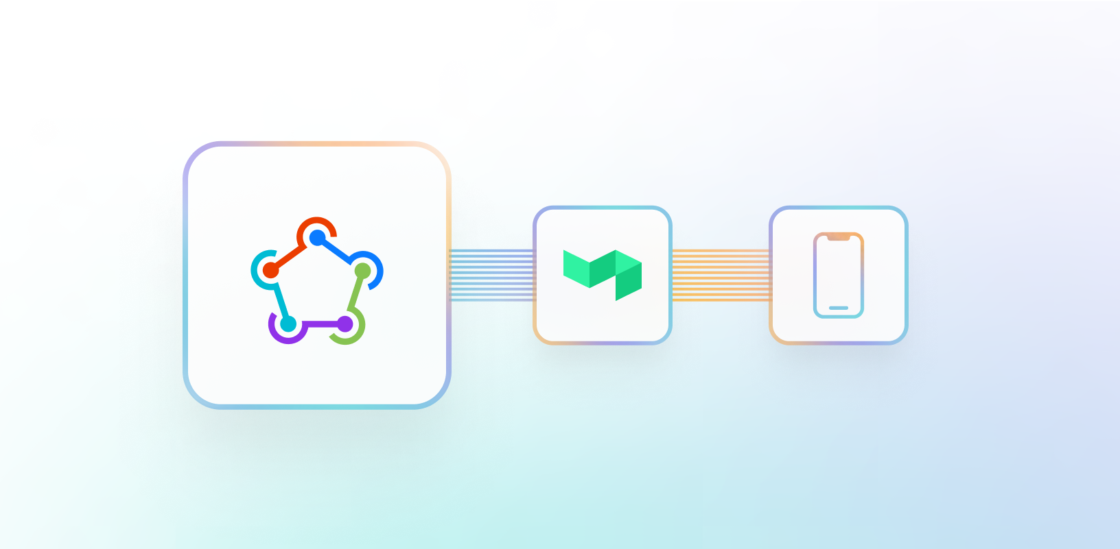 Three icons, connected to each other. Fastlane on the left, Buildkite in the center, and a mobile device on the right