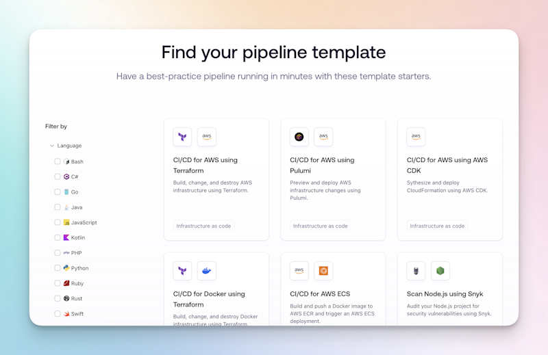 Pipeline template gallery page, showing a variety of templates for different CI/CD tasks