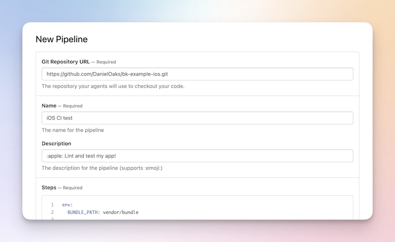 Buildkite's New Pipeline page, with the Git Repository URL, Name, and Description all set