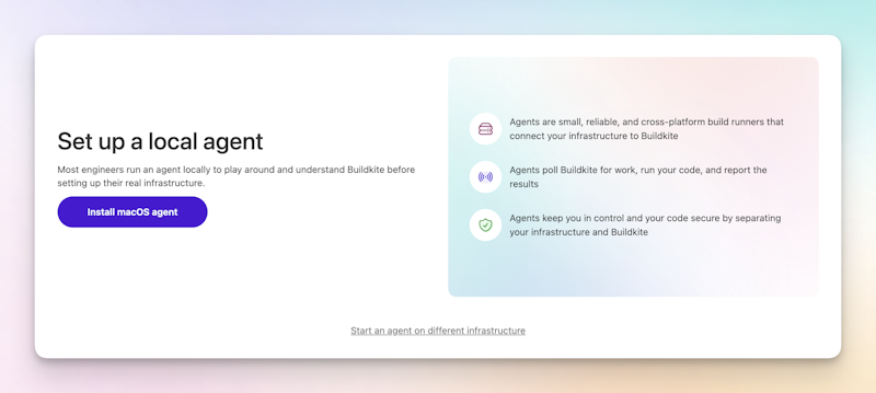 Buildkite's Set up a local agent page, with a button to install a macOS agent on your local machine