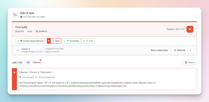 iOS CI test pipeline, with a failing test in the test suite showing in red