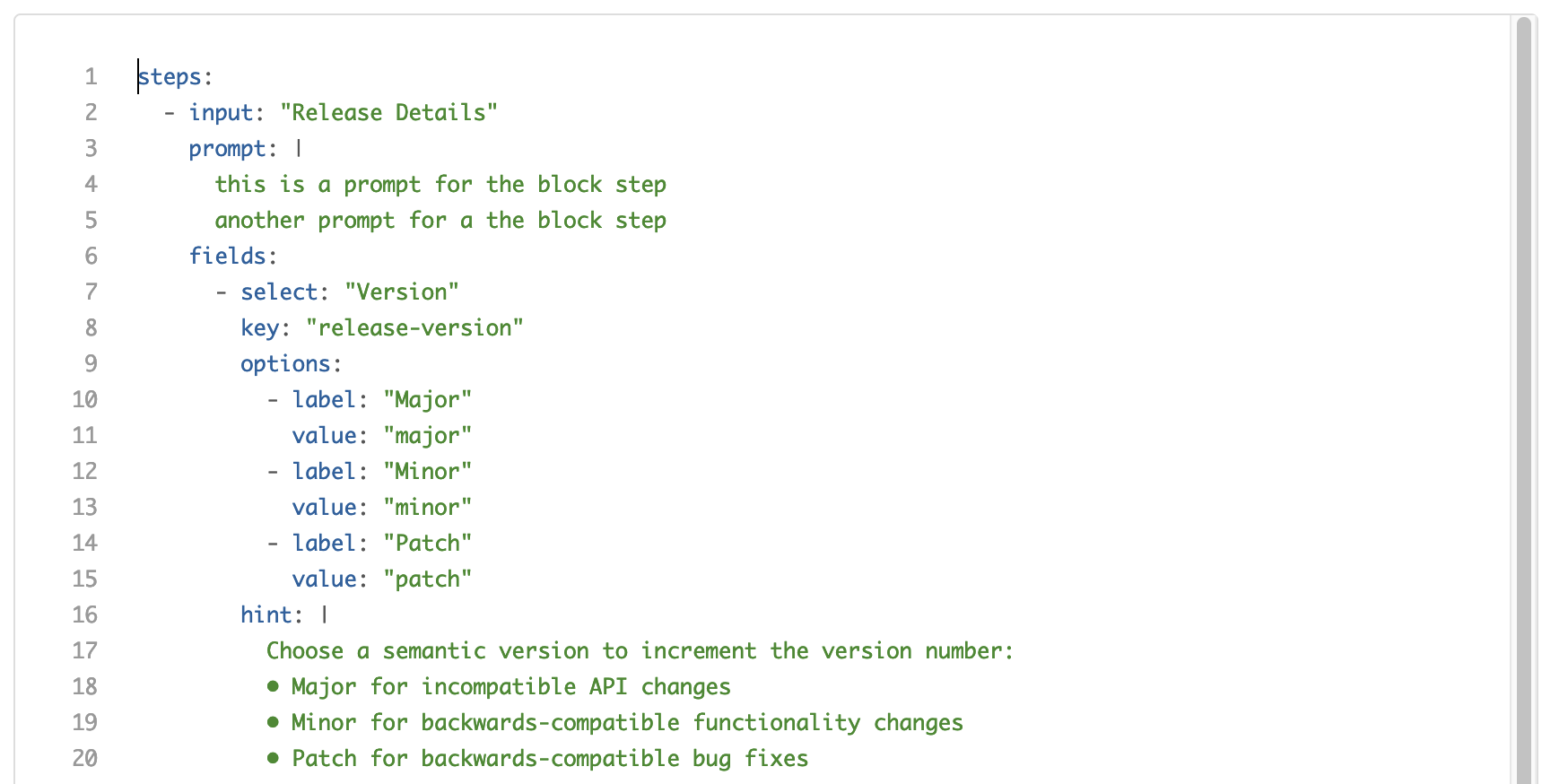 Example pipeline.yaml with an input step taking a value type of release version