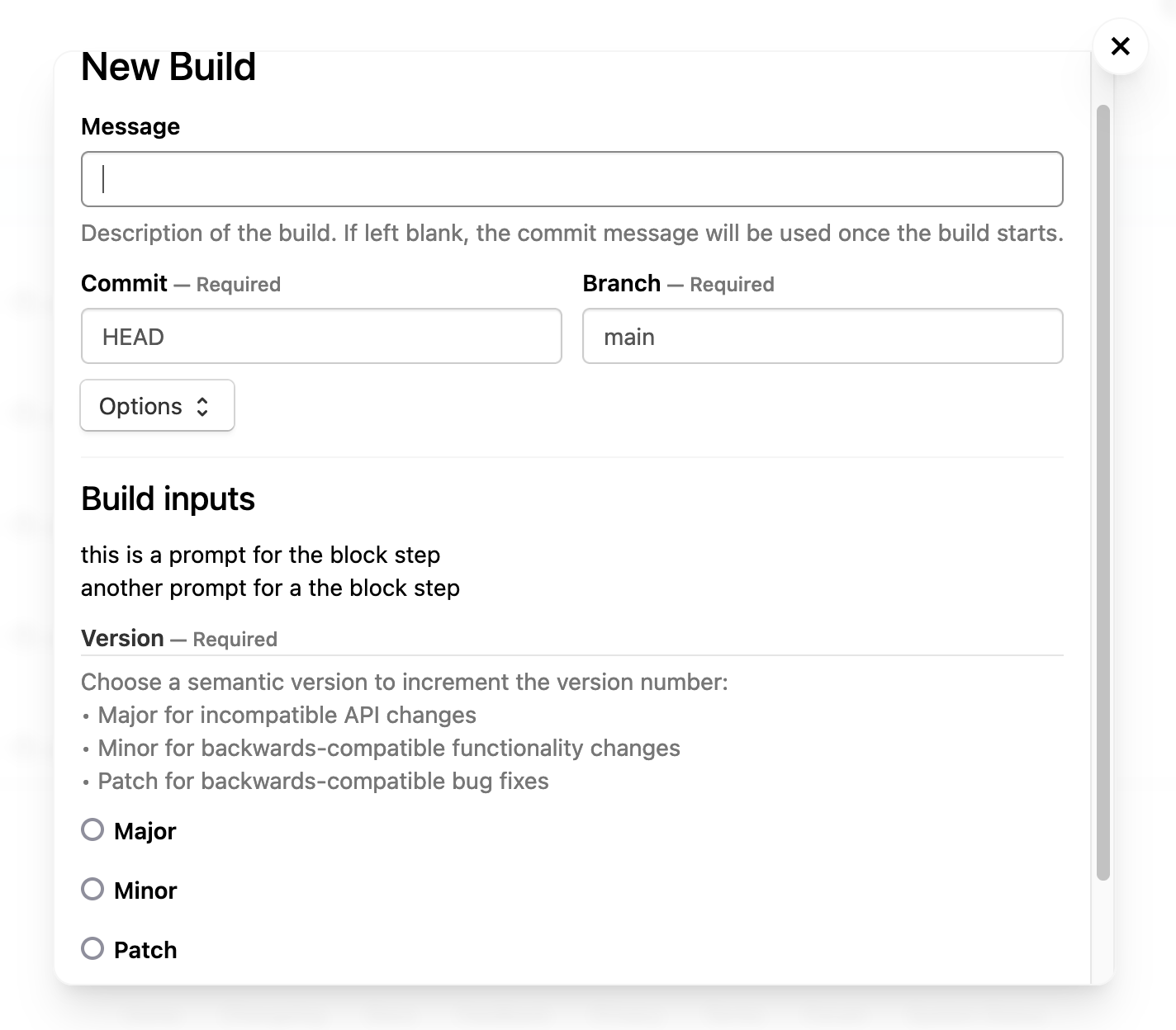 The New Build modal shows the choices of major, minor, and patch for the release version type.