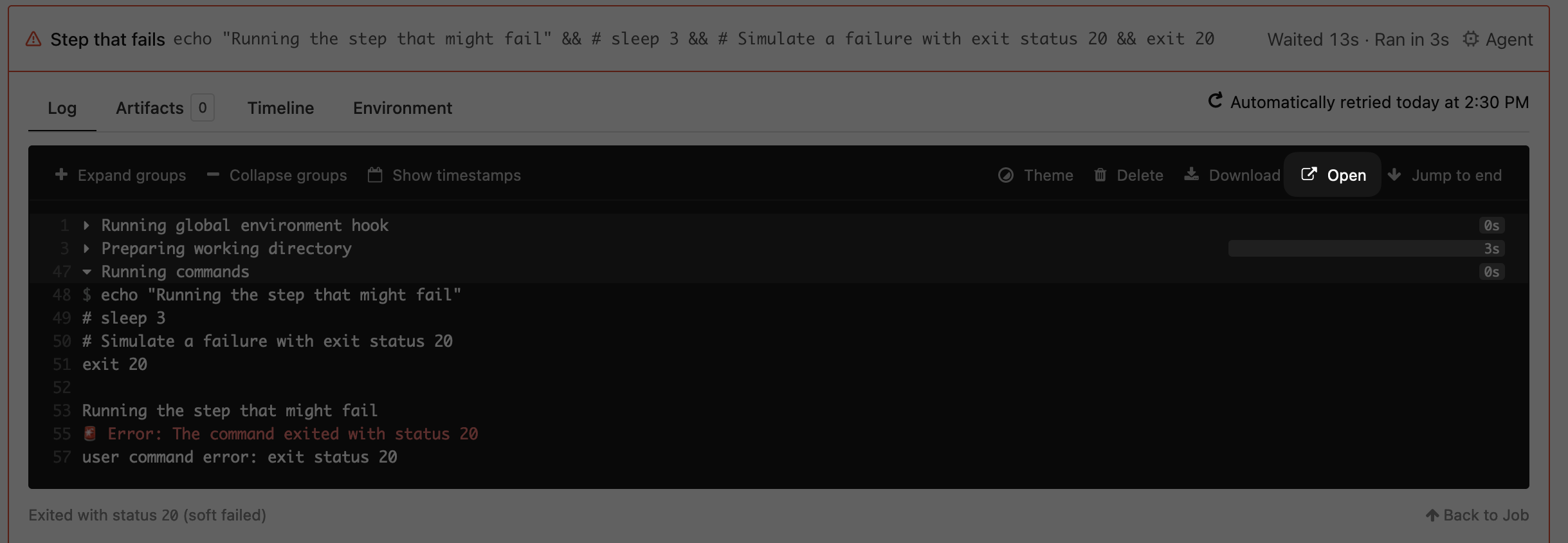 Truncated logs with open button