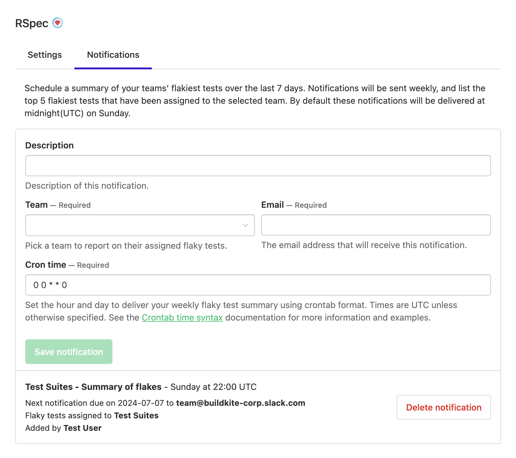 Flaky test notification form