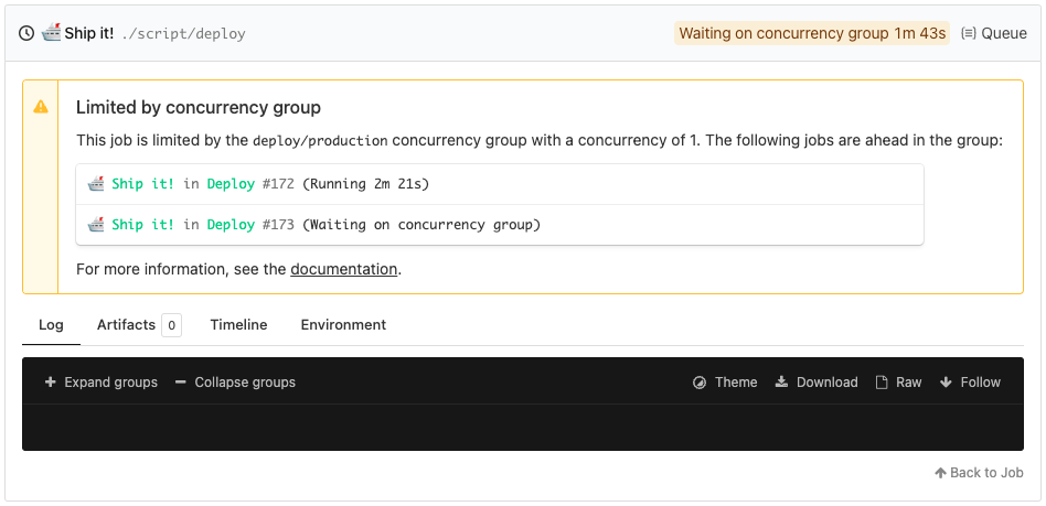 Example of a job waiting on a concurrency group