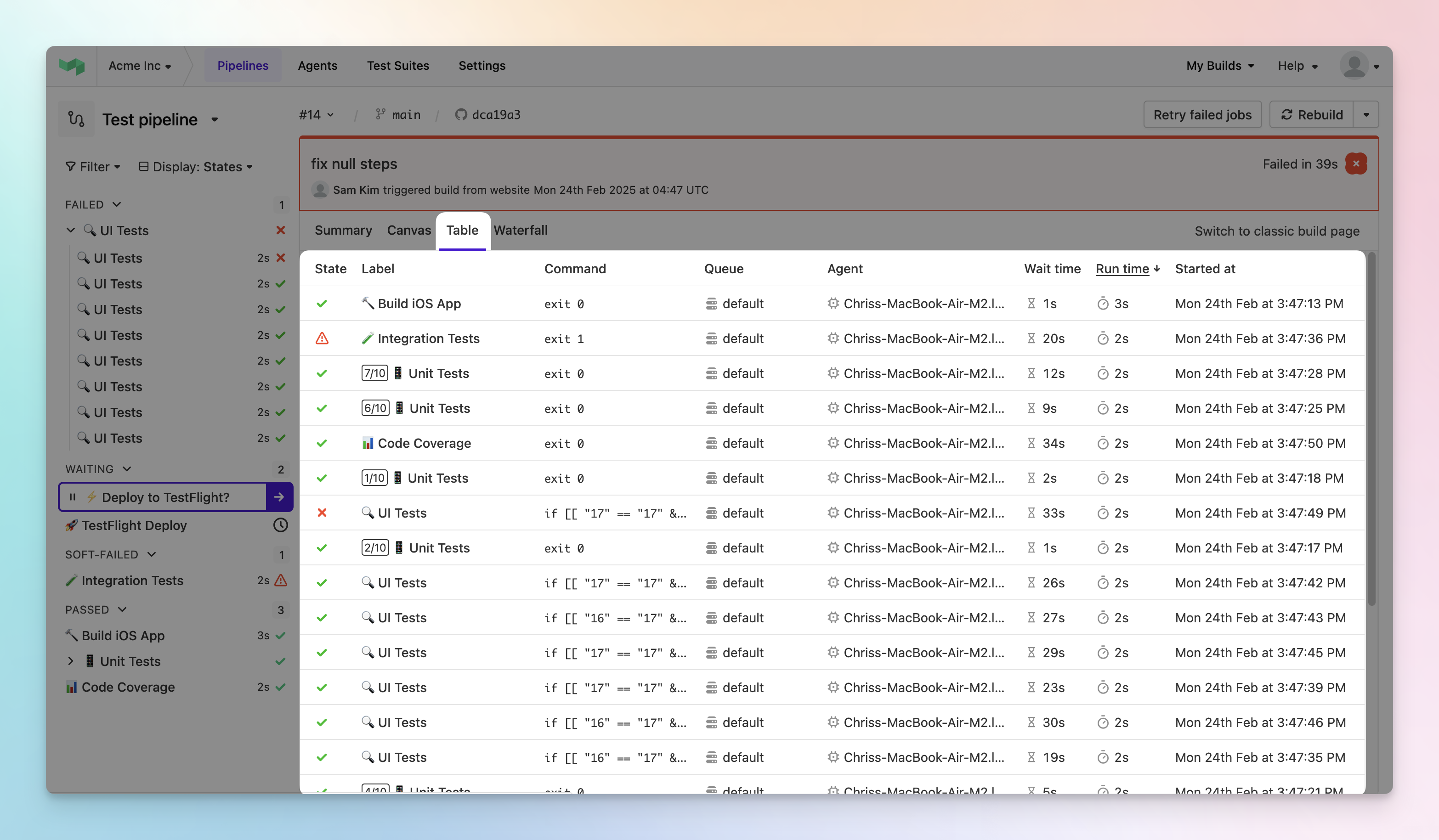 Highlighting the table view of the new build page