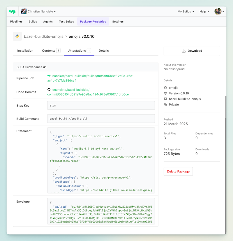 The SLSA provenance of a Python package built with Buildkite Package Registries.