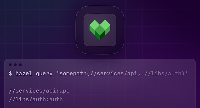 The Bazel logo and a terminal window showing a Bazel query command.