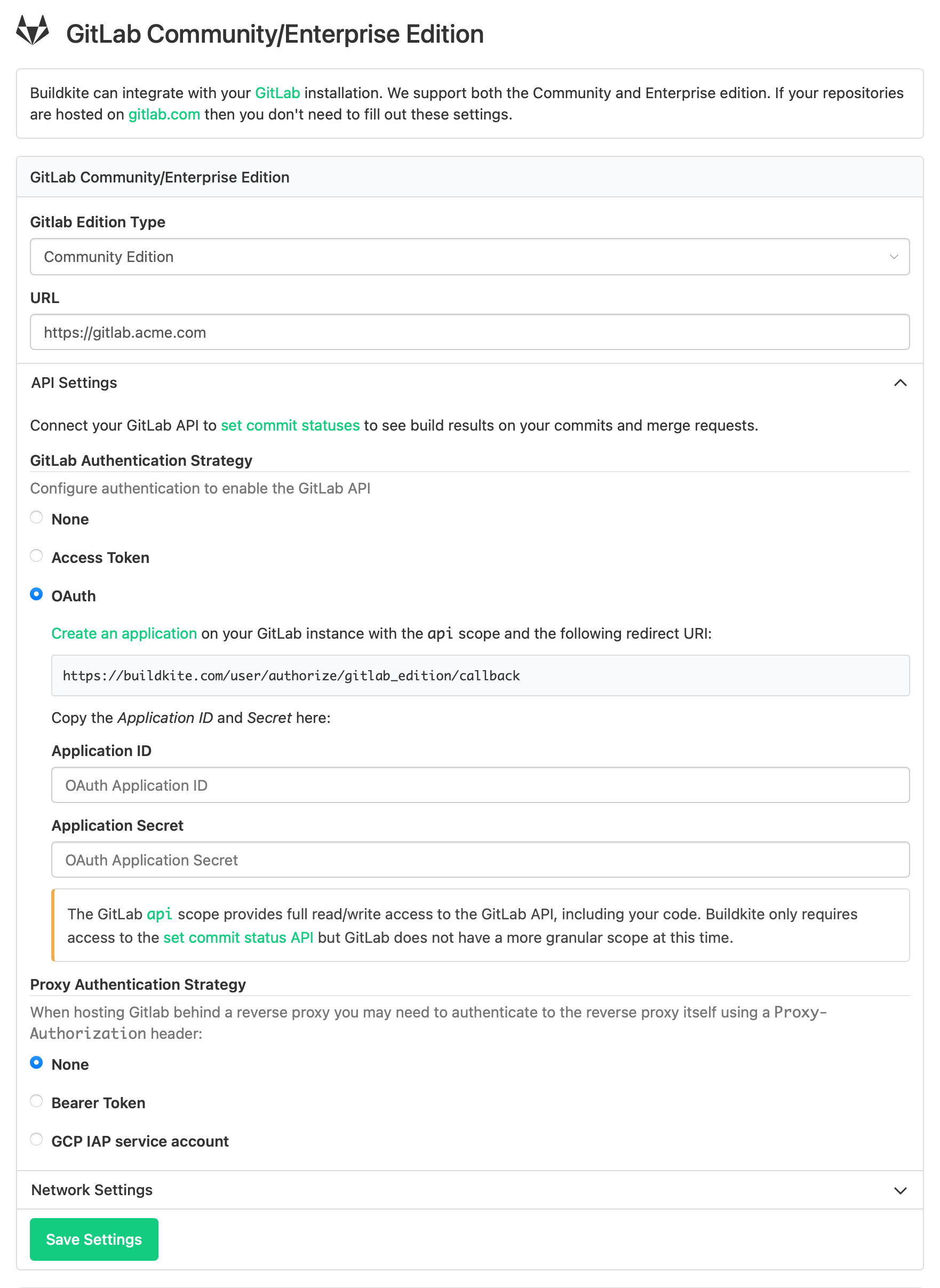 GitLab Community/Enterprise Edition configuration page