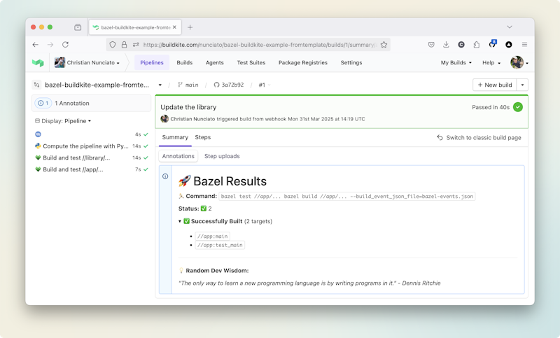 A Buildkite annotation showing the results of a Bazel build, sourced from a Bazel event protocol (BEP) file.
