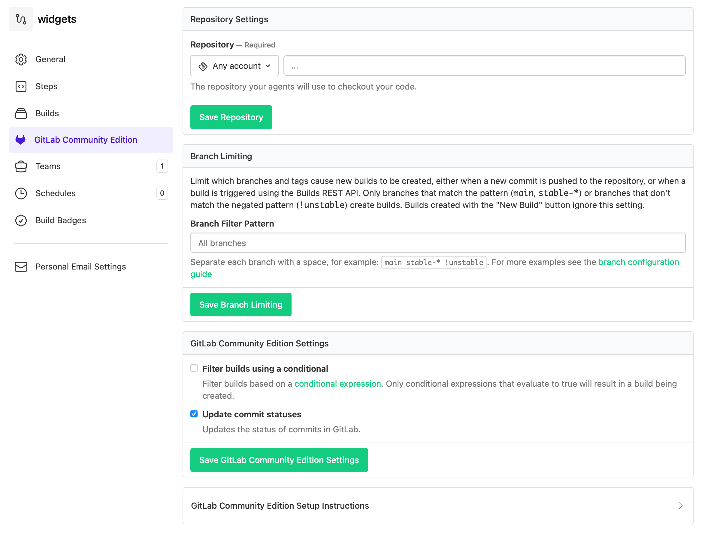 Pipeline repository settings with GitLab Commit Status option