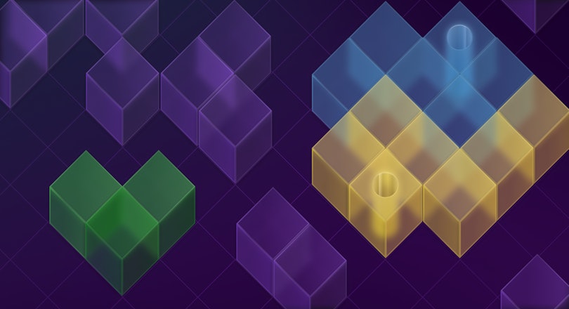 A stylized representation of the Bazel and Python logos in a Tetris-like configuration.