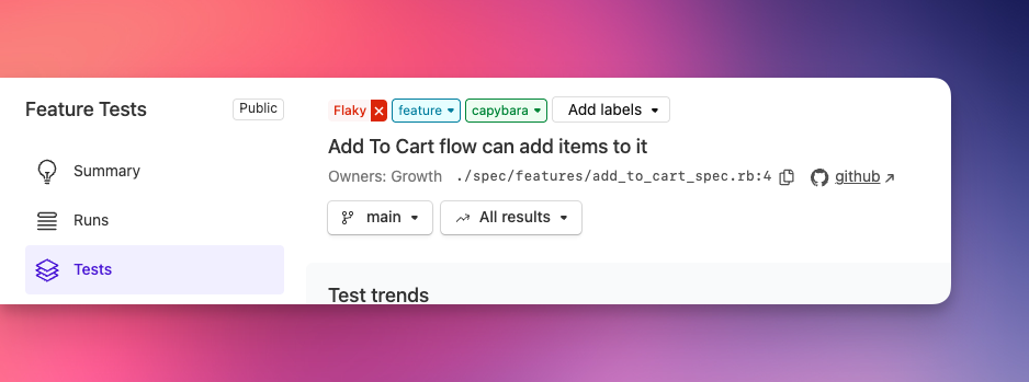 Screenshot of labels on a test