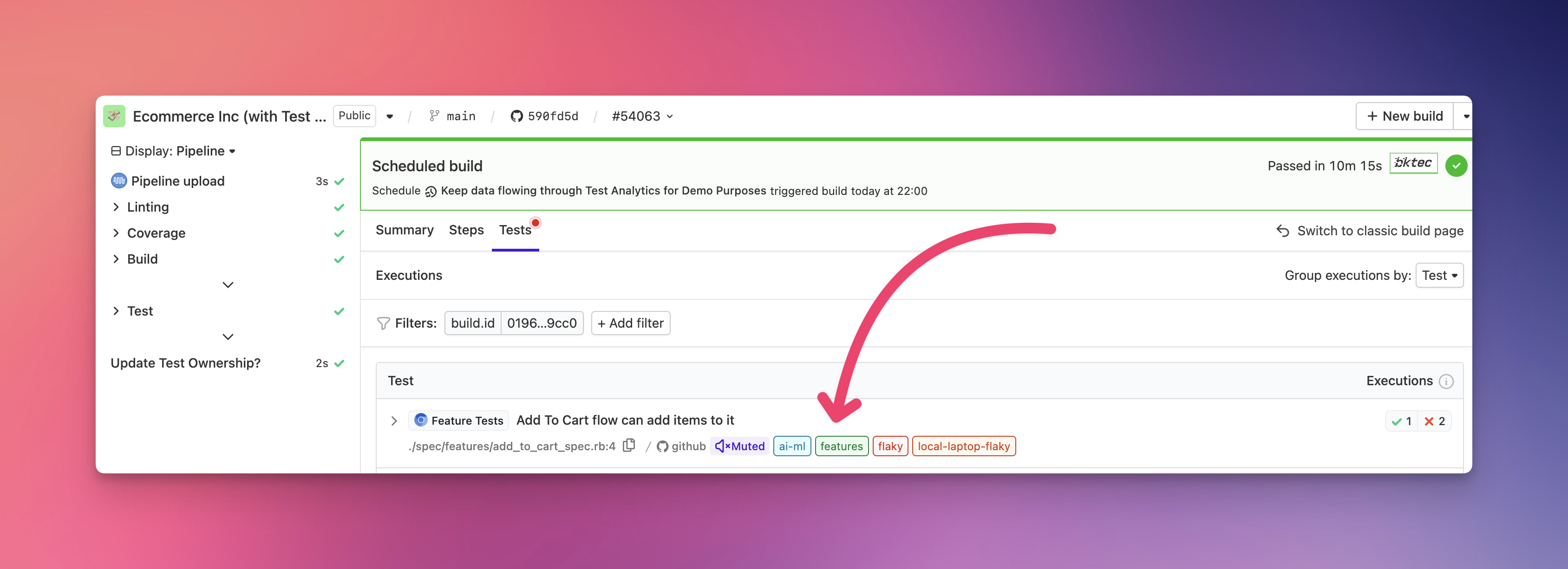Screenshot of labels on a test on build page