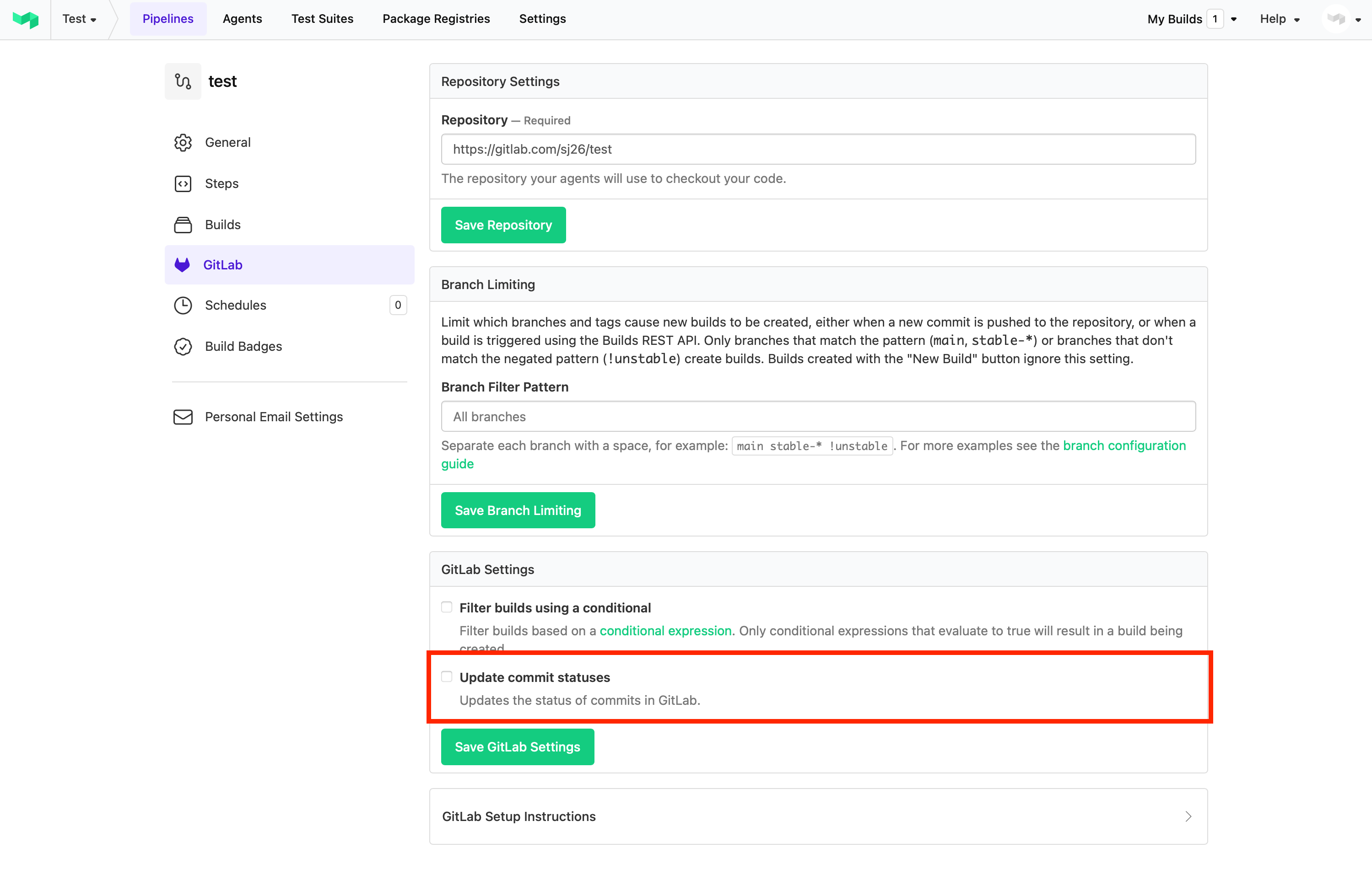 Pipeline repository settings for a GitLab pipeline with "Update commit statuses" option