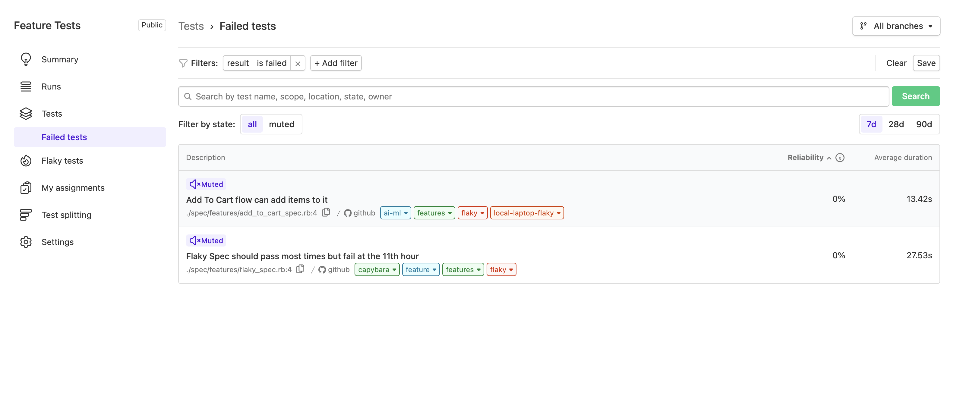 Screenshot of saving filters on tests