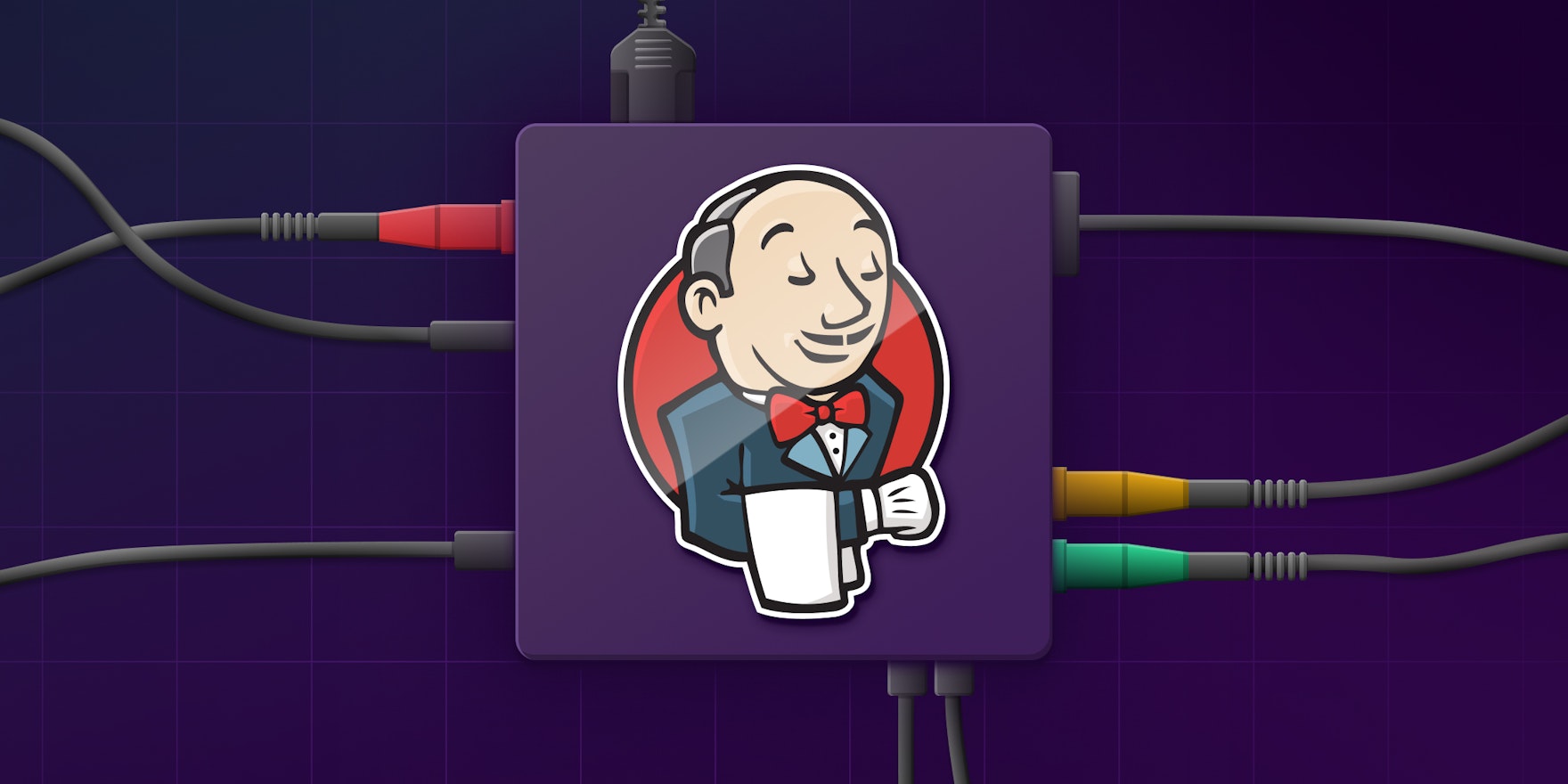 An abstract image showing the Jenkins logo with several cables plugged into it.