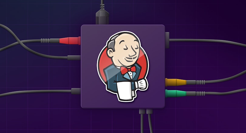 An abstract image showing the Jenkins logo with several cables plugged into it.