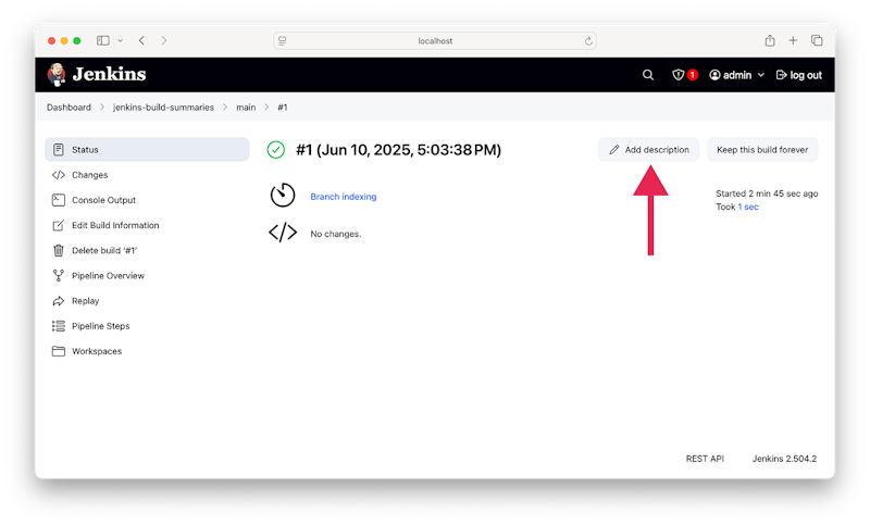 A screenshot of the Jenkins UI showing the Add description button.