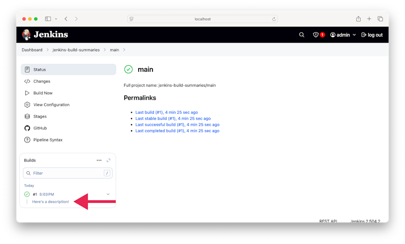 A screenshot of the Jenkins UI showing a plain-text build description in the recent-builds list.