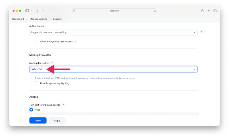 A screenshot of the Jenkins UI showing the Markup Formatting selector, with the Safe HTML setting enabled.