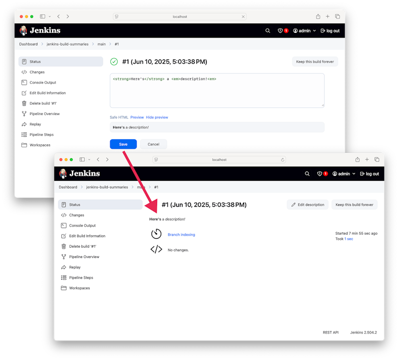 A composite screenshot of the Jenkins UI showing the build-description editor and a rendered HTML description.