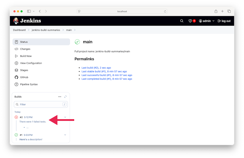 A screenshot of the Jenking UI showing the HTML result of a failed result in the recent-builds list.