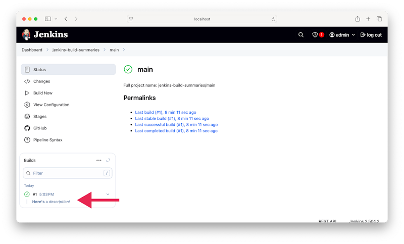 A screenshot of the Jenkins UI showing the HTML build description in the recent-builds list.