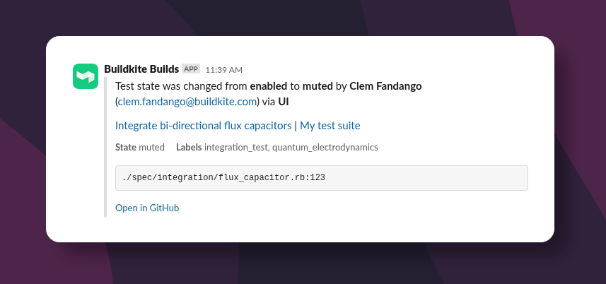 Screenshot of a Test Engine Slack notification