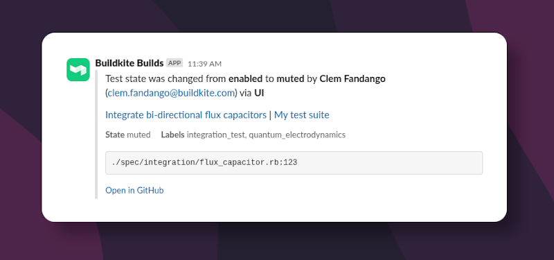 Screenshot of a Slack notification sent from Test Engine