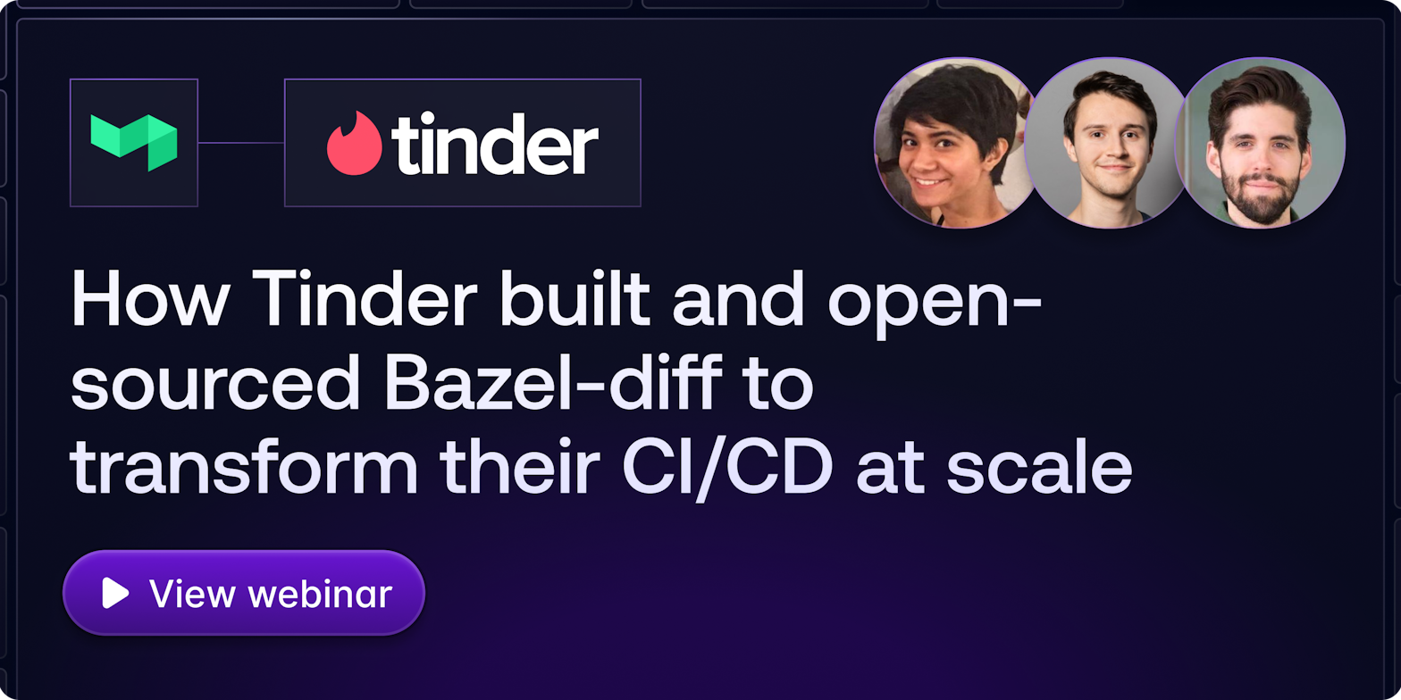 A thumbnail showing the Buildkite and Tinder logos, and the webinar host Spriha Tucker and guests Connor Wybranowski and Maxwell Elliott.