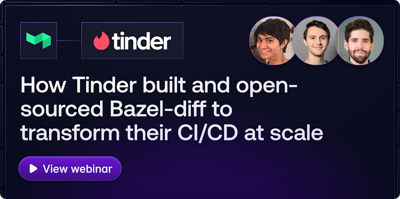 A thumbnail showing the Buildkite and Tinder logos, and the webinar host Spriha Tucker and guests Connor Wybranowski and Maxwell Elliott.