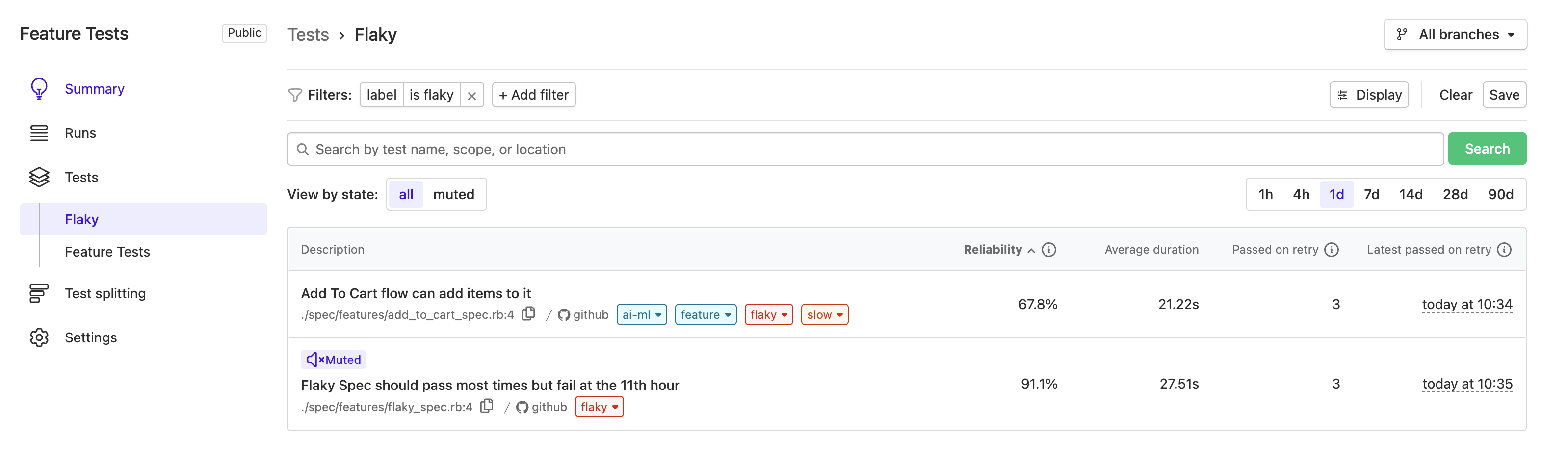 New flaky test view with customizable columns