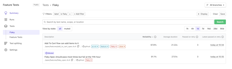 A screenshot of the Flaky saved view in Test Engine