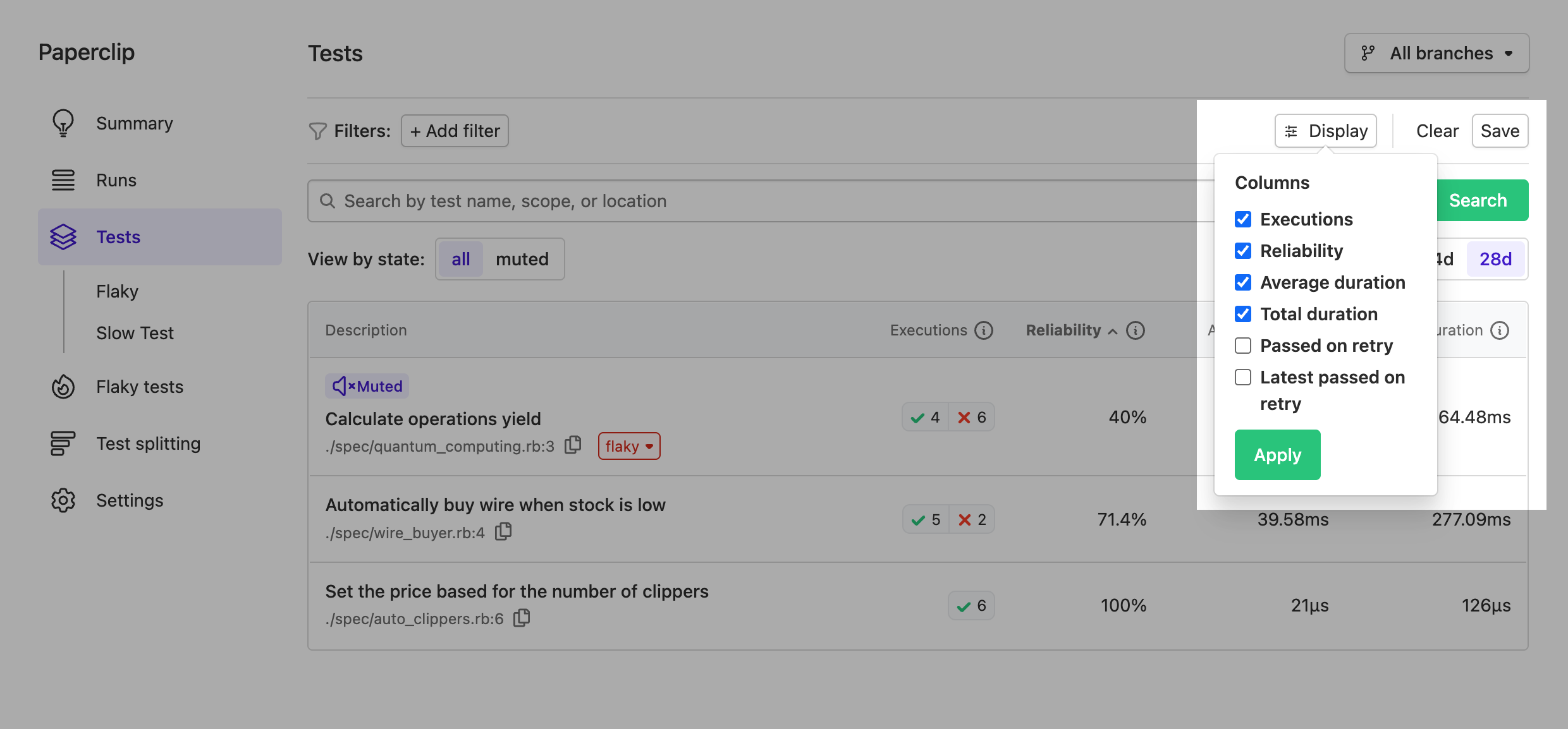 Customize Tests View metrics