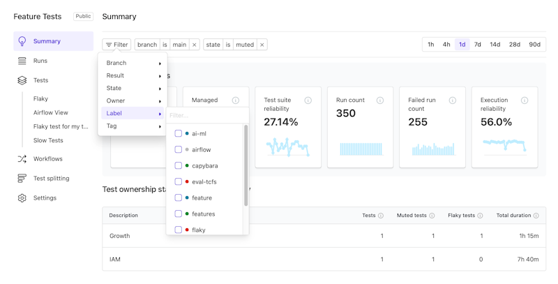 A screenshot showing improved filtering and layout controls in Test Engine
