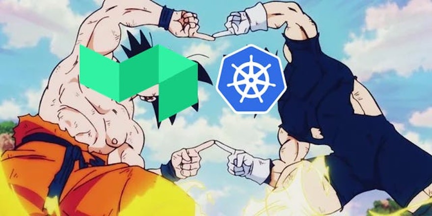 A meme of two Dragon Ball Z characters performing the fusion dance, one labeled with the Kubernetes logo and the other with the Buildkite logo.